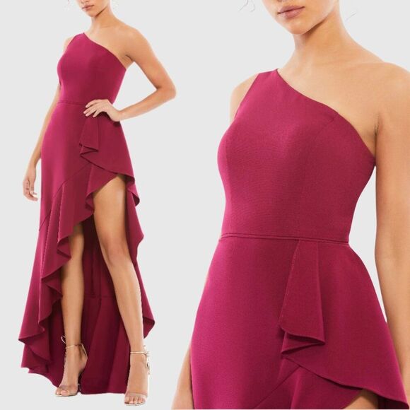 Mac Duggal 49089 Size 2 Berry Red One Shoulder High Slit Ruffle Maxi Dress Gown - Picture 1 of 2
